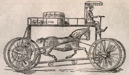 O hipociclo: invenção para a "conservação dos cavalos" como meio de transporte após a chegada dos carros e bicicletas. Gravura em "Le Pelerin" de 9 de agosto