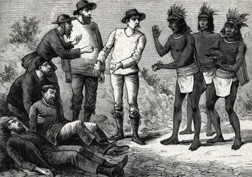 Os habitantes do Peru ajudando os europeus coloniais que sofrem de malária com Cinchona (gravura) 1888
