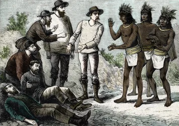 Os habitantes do Peru ajudando os jesuítas que sofrem de malária com Cinchona