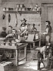 O fabrico de algodão descaroçado no século XIX, de Les Merveilles de la Science, publicado c.1870 (gravura)