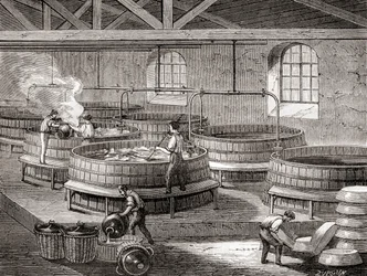 O fabrico de sabão em grandes tanques no século XIX, de "Les Merveilles de la Science", publicado por volta de 1870 (gravura)