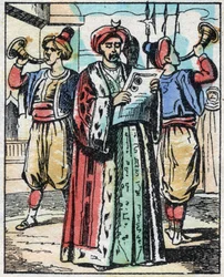 O casamento da filha do Sultão com o filho do Grande Vizir é anunciado por um leitor público. Gravação do conto das Mil e Uma Noites "Aladino e a Lâmpada Maravilhosa". Imagem epinal, finais do século XIX. Coleção particular.