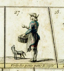O mercador de rolos de centeio Pormenor de um jogo do ganso dos gritos e dos velhos metiers de Paris. Século XVIII Coleção particular