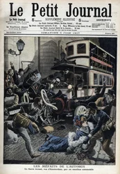 Os erros do autocarro: um fiacre esmagado por um autocarro na rua Paris de Amesterdão " Le Petit journal", Junho de 1907 (gravura)