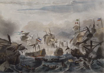 A batalha naval de Cape La Hogue em 1692, gravada por Chavanne (gravura colorida)
