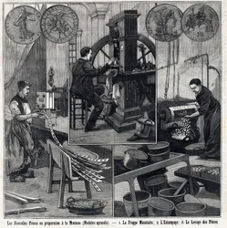 As novas moedas francesas em preparação têm as moedas e as fases de fabrico (dactilografia monetária, estampagem e lavagem das moedas). Em "The Little Parisien" (A Pequena Parisiense)
