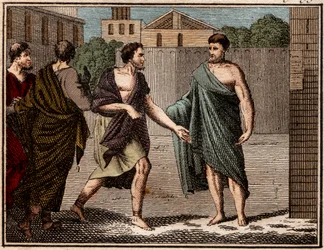 O ostracismo de Aristides, o justo (c530-c468 aC), soldado e estadista grego antigo (ateniense).