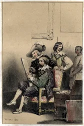 O pintor Diego Velasquez (1599-1660) recebe em seu estúdio Pierre Paul (Pierre-Paul) Rubens (ou Peter Paul ou Petrus Paulus) (1577-1640). Placa retirada de "Scenes de la vie des hommes famous" gravada em dois tons por Valerio. 1843.