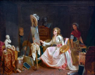 O estúdio do pintor. A jovem mulher a pintar um quadro
