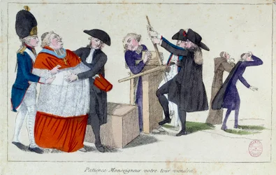 O desengordurante patriota: "paciência, meu senhor, chegará a vossa vez." Desenho animado representando as personagens da Igreja pressiona um veterinário para perder o símbolo da sua riqueza. Gravura do século XVIII. Paris, Musee Carnavalet