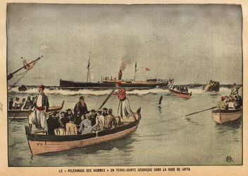 A peregrinação dos homens na Terra Santa de Jaffa (Israel). Gravura em "Le pelerin" 8/09/1901. Coleção Selva.