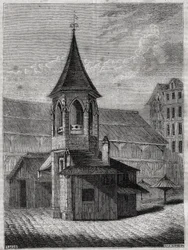 O pelourinho das salas no século XVIII, construído sobre o antigo cemitério dos Inocentes - Gravura em "A história física, civil e moral de Paris: desde os primeiros tempos históricos até aos nossos dias" de Jacques Antoine Dulaure