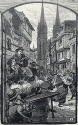Os jogadores de biniou em Quimper (Finistere, Bretanha). em "Le Petit Parisien".