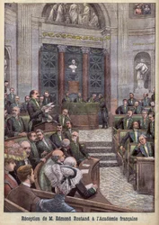 O poeta e dramaturgo Edmond Rostand é recebido na Academia Francaise por "Le Petit Journal".