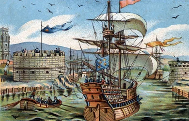 O porto de Le Havre em 1520. Cromolitografia por volta de 1890.