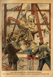 Os preparativos para a exposição de 1900, a estátua de "Pegase retido pelo freio pelo Renommee", em bronze dourado, do escultor Emmanuel Fremiet (1824-1910), paira no topo de um dos quatro pilares que adornam a Ponte Alexandre III. Engr