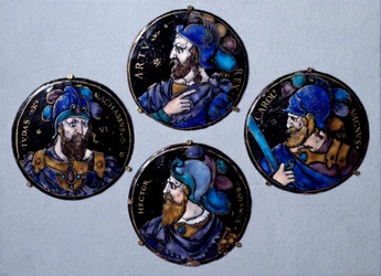 O preux Hector, herói troiano, Judas Macchabee (Maccabee ou Macabee), apelidado de martelo, sucessor de seu pai Matathias (Mathathias, Mattathias) à frente da revolta dos judeus contra a opressão dos Seleucidas, Carlos Magno (742 - 814),