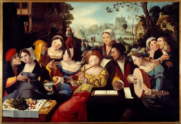 A criança pródiga em cortesãs também diz alegoria dos cinco sentidos. A pintura francesa anónima