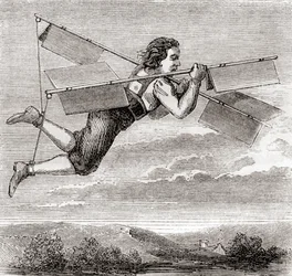 O alegado voo do serralheiro francês Jacob Besnier, com a ajuda de um aparelho voador concebido por ele próprio, em 1678, de "Les Merveilles de la Science", publicado por volta de 1870 (litografia)