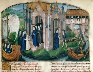 A recepção de um noviço e acolhimento de um paciente, de "O Livro Ativo da Vida do Hotel Dieu de Paris" por Jean Henry, c.1482