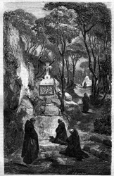 Os religiosos de São Benoît (São Benoît) em oração. Gravação em "Histoire des Papes-Rois-Queen and Empereurs a travessa les centuries" por Maurice Lachatre