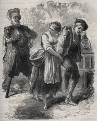 O regresso de Martin Guerre (cerca de 1524 por volta de 1560): apareceu perante a sua mulher, Bertrande de Rols, e aquele que usurpou a sua identidade, o impostor Arnaud du Tilh (Thil). Gravura de 1871 em "Histoire Des Cocus Celebres" de Henry de Kock (181