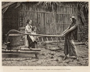 O moinho de arroz, em frente à casa de um agricultor em Gocong, gravado após um desenho de Robin ilustrando a viagem a Cochinchine, pelo Dr. Morice, em 1872, publicado em "Le tour du monde" 1875, editado por Edouard Charton, edição Hachette, Paris. Selva