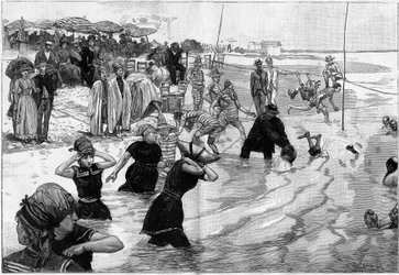 Os banhos de mar na época da maree numa praia na Normandia, França, em "Le Monde Illustré".