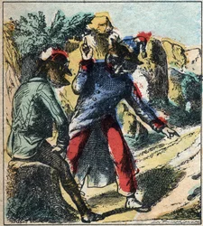 O leão doente e a raposa. Fábulas de Jean de La Fontaine (1621-95). Imagens epinais do final do século XIX.