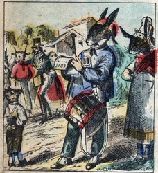 O leão doente e a raposa. Fábulas de Jean de La Fontaine (1621-95). Imagens epinais do final do século XIX.