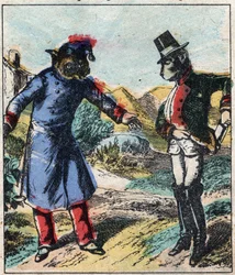 O leão doente e a raposa. Fábulas de Jean de La Fontaine (1621-95). Imagens epinais do final do século XIX.
