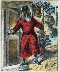 O leão doente e a raposa. Fábulas de Jean de La Fontaine (1621-95). Imagens epinais do final do século XIX.