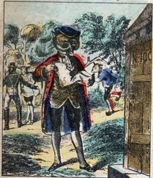 O leão doente e a raposa. Fábulas de Jean de La Fontaine (1621-95). Imagens epinais do final do século XIX.