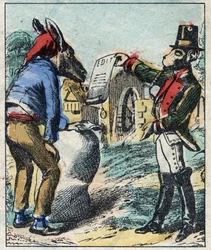 O leão doente e a raposa. Fábulas de Jean de La Fontaine (1621-95). Imagens epinais do final do século XIX.