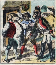 O leão doente e a raposa. Fábulas de Jean de La Fontaine (1621-95). Imagens epinais do final do século XIX.