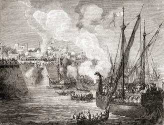 O cerco de Constantinopla em 1453 pelo sultão otomano Mehmed II, de Les Merveilles de la Science, publicado por volta de 1870 (gravura)