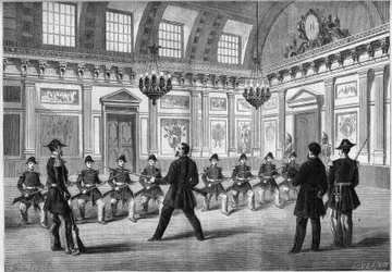 O filho de Napoleão III, Príncipe Imperial (1856-1879), praticando armas com as alas da guarda, perante o seu pai Imperador Napoleão III (1808-1873), na sala da guarda do castelo de Compiegne. Gravura no "Le Monde Illustré" n°349 de 19 de Dezembro