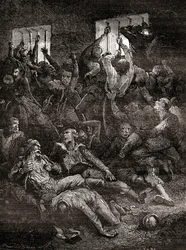 O sofrimento e a morte, devido à má ventilação, de prisioneiros ingleses no Buraco Negro de Calcutá, uma pequena masmorra no antigo Fort William em Calcutá, Índia, onde tropas do nababo de Bengala, Siraj ud-Daulah, mantiveram prisioneiros de guerra