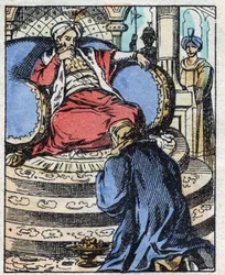 O sultão está maravilhado com os diamantes que Aladin lhe oferece para pedir a mão da sua filha. Gravação do conto das Mil e Uma Noites "Aladino e a Lâmpada Maravilhosa". Imagem epinal, finais do século XIX. Coleção particular.