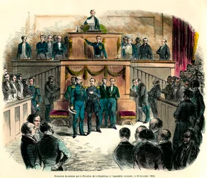 O juramento de Luís Napoleão III (Luís Napoleão), oficialmente proclamado presidente da República na Assembleia Nacional em 20 de dezembro de 1848. Jura «permanecer fiel à República Democrática una e indivisível e cumprir todos os»
