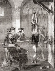 A tortura de uma mulher acusada de bruxaria na Idade Média, de Les Merveilles de la Science, publicado c. 1870