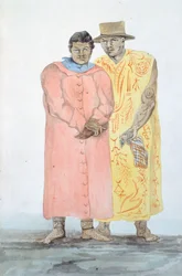 Os dois reis de Bora Bora, Ilustração da Viagem de Louis I Duperrey, de LF Lejeune, pintura a aguarela