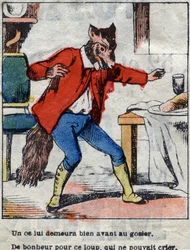 O lobo e a cegonha. Fábulas de Jean de La Fontaine (1621-95). Imagens epinais do final do século XIX.
