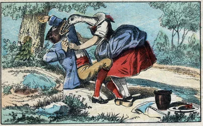 O lobo e a cegonha. Fábulas de Jean de La Fontaine (1621-95). Imagens epinais do final do século XIX.