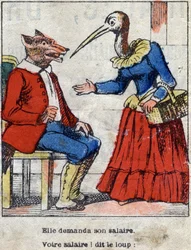 O lobo e a cegonha. Fábulas de Jean de La Fontaine (1621-95). Imagens epinais do final do século XIX.