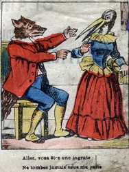 O lobo e a cegonha. Fábulas de Jean de La Fontaine (1621-95). Imagens epinais do final do século XIX.