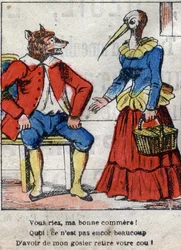 O lobo e a cegonha. Fábulas de Jean de La Fontaine (1621-95). Imagens epinais do final do século XIX.