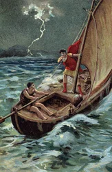 O jovem Júlio César (100-44 AC) atravessa corajosamente o mar Adriático para se juntar à Dalmácia avança corajosamente apesar da tentação, confiante na sua boa estrela e destino (Jovem Júlio César (100-44 AC) atravessa corajosamente o mar Adriático no seu 