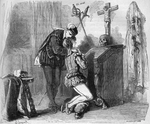 O jovem rei Henrique III (1574-1589) e um de seus Mignon. Gravação em "A história da prostituição e do deboche entre todos os povos do mundo desde a antiguidade até os dias de hoje" pelo Dr. Th. -F. Debray. 1879.