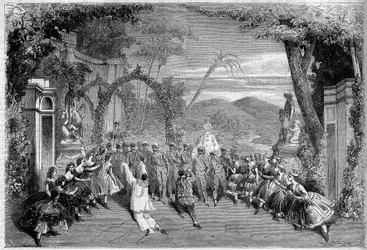 Representação teatral: Acto II, última cena de "Les Dances nationles de la France" de Lambert Thiboust (1826-1867), Alfred Delacour (1815-1883) e Clairville (1811-1879). Paris, Teatro des Varietes